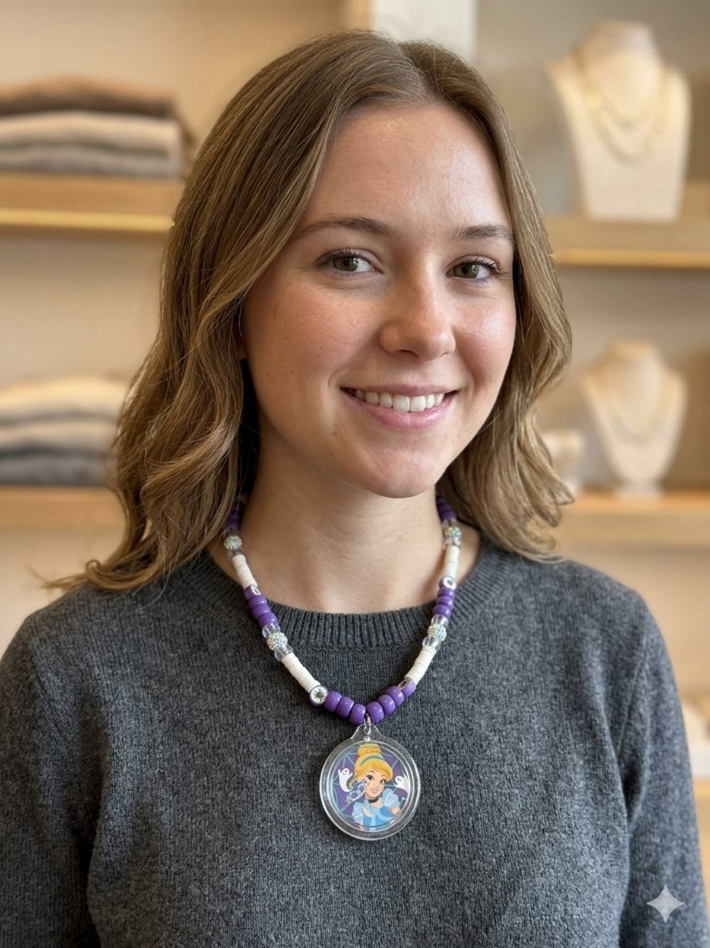 Purple and White Beaded Necklace with Character Pendant - Women Jewelry